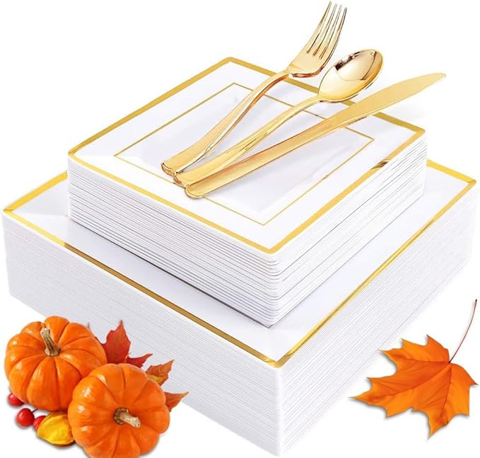 WDF 125pcs Gold Plastic Plates Set - Gold Rimmed Dinner & Salad Plates, Silverware (25 Forks, Knives, Spoons) for Thanksgiving