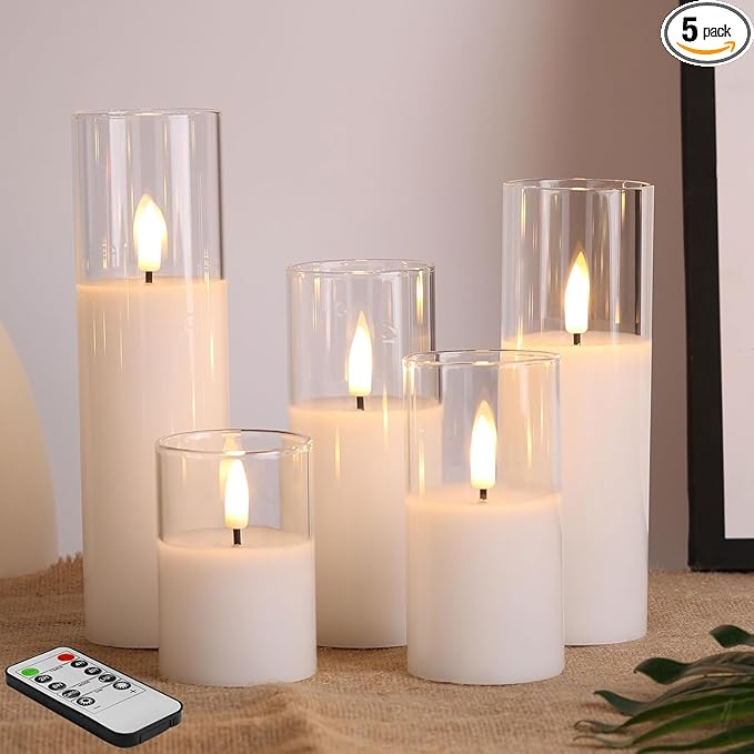 Eywamage Clear Glass Flameless Candles with Remote Batteries, Slim Tall LED Pillar Votive Candles Battery Powered, Set of 5