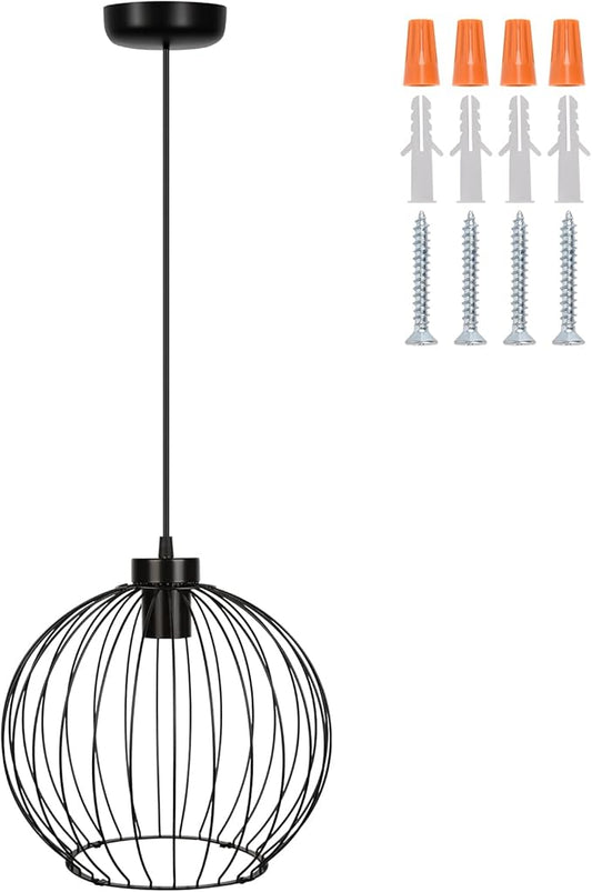 Black Ball Modern Industrial Chandelier – DIY Metal Cage Pendant Light Fixture, E26 Base (No Bulb), Assembly Required, for Living Room, Kitchen, Dining Room, Bedroom, Farmhouse, Bar, Café