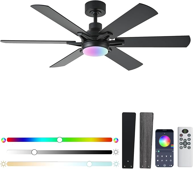 52in Ceiling Fans with Lights RGB Ceiling Fan with Light and Remote/APP Control,Low Profile Ceiling Fans with Lights for Bedroom,Living Room,Kids Room,3CCT Dimmable Modern Ceiling Fan, 8 Speeds,Black