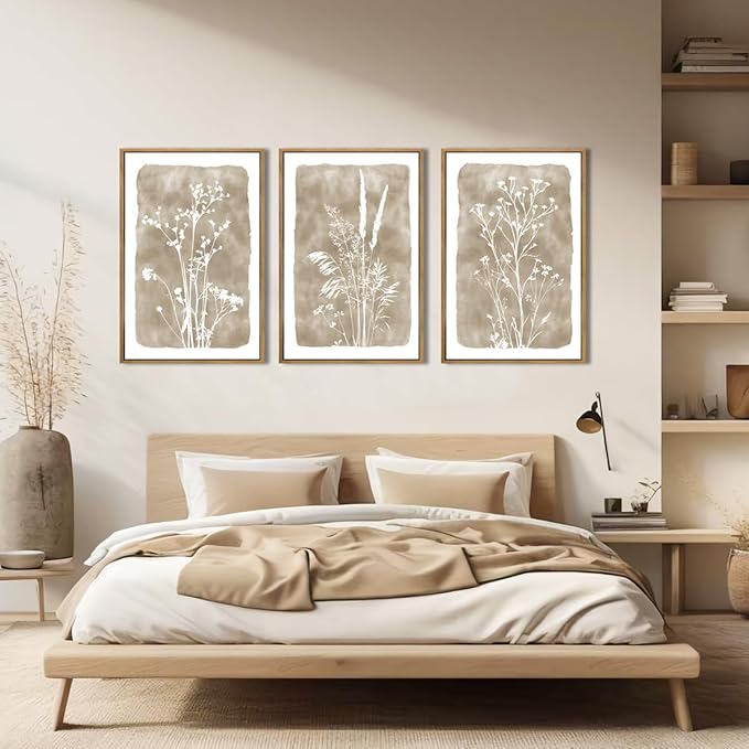 ANHUIB Beige Artwork 16x24 Inch Framed Beige Floral Wall Art Large Neutral Wildflower Wall Decor Vintage Plant Art Prints Set of 3 for Living Room Bedroom Office
