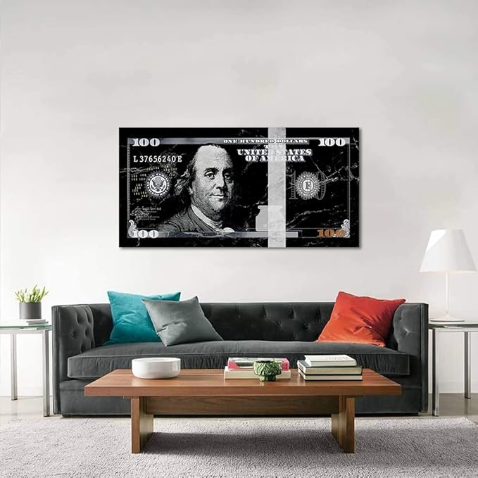 Extra Large Size Benjamin Franklin 100 Dollar Wall Art for Large Home Office Wall Decorations Inspirational Gifts for Men Black and White 100 USD Money Artwork Gallery Wrapped Easy to Hang-48"Wx24"H
