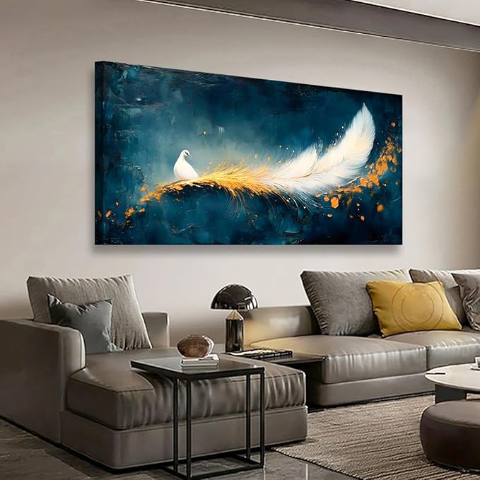 Abstraction Pictures Canvas Wall Art for Living room Office Bedroom Wall Decor, Peacock Wall Art Print Paintings Modern White Feather Zoon Artwork Waterproof Ready to Hang-20x40inch