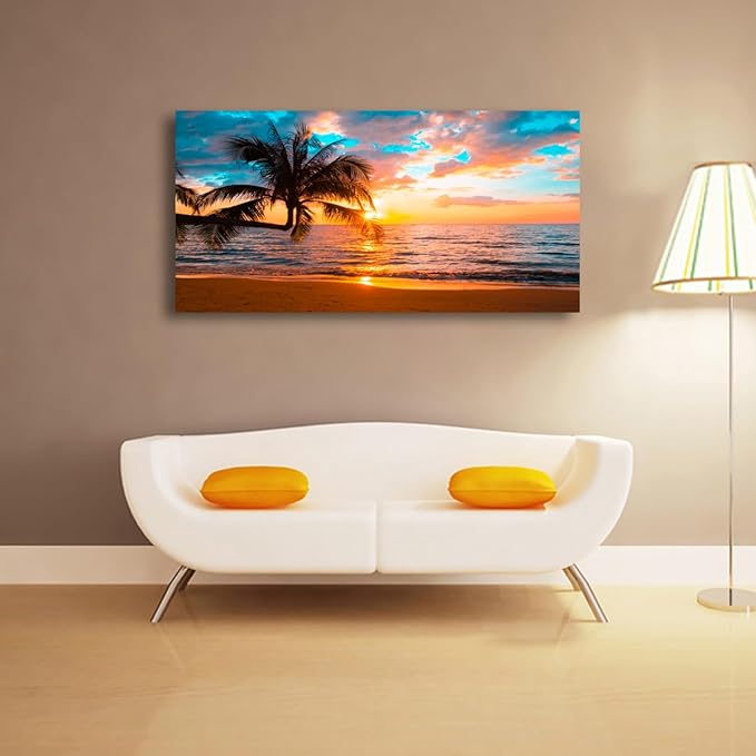 Beach Sunset Pictures Canvas Wall Art For Living Room Bedroom Wall Decor,Sunset Wall Art Print Paitnings For Home Decor,Morden Artwork Palm Cloud Canvas Art Waterproof Ready To Hang-28x57 Inches