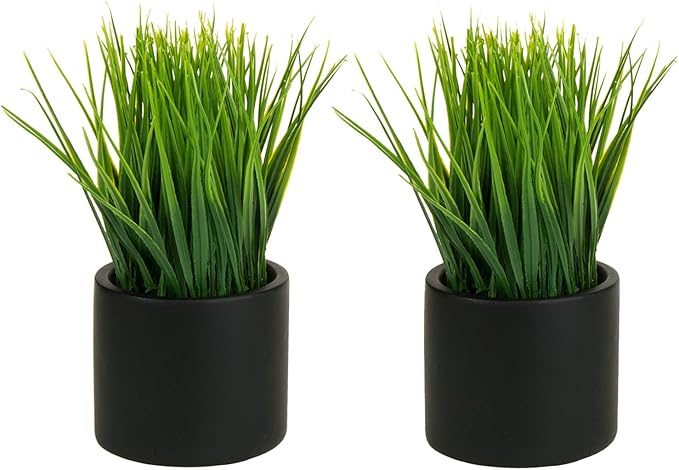 MyGift Tabletop Artificial Grass Plants Decorative Faux Greenery Plant Potted in Modern Cylindrical Black Cement Pots, Set of 2