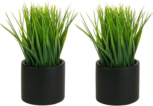 MyGift Tabletop Artificial Grass Plants Decorative Faux Greenery Plant Potted in Modern Cylindrical Black Cement Pots, Set of 2