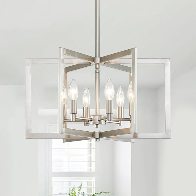 Brushed Nickel Chandelier 6-Light Modern Geometric Metal Lighting Fixture for Dining Room Kitchen Island Living Room Entryway Hallway Bedroom, 20 Inch Adjustable Pendant Ceiling Hanging Lamp