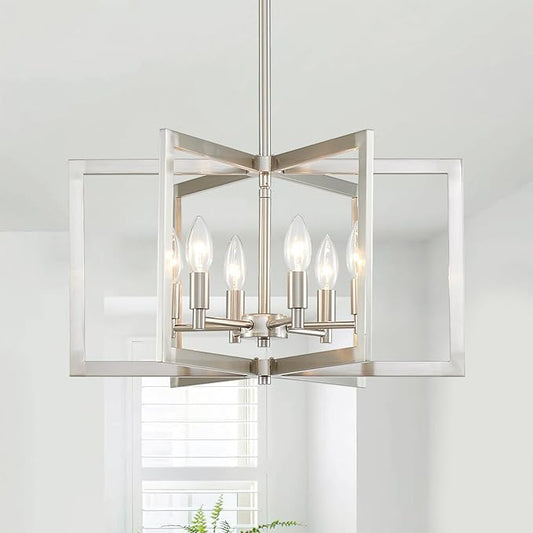 Brushed Nickel Chandelier 6-Light Modern Geometric Metal Lighting Fixture for Dining Room Kitchen Island Living Room Entryway Hallway Bedroom, 20 Inch Adjustable Pendant Ceiling Hanging Lamp
