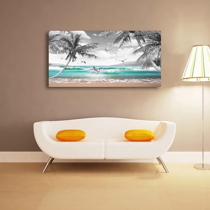 Beach Palm Pictures Canvas Wall Art For Living Room Bedroom Wall Decor,Sea Wave Wall Art Print Paitnings For Home Decor,Morden Artwork Coconut Tree Canvas Art Ready To Hang-28x57 Inches
