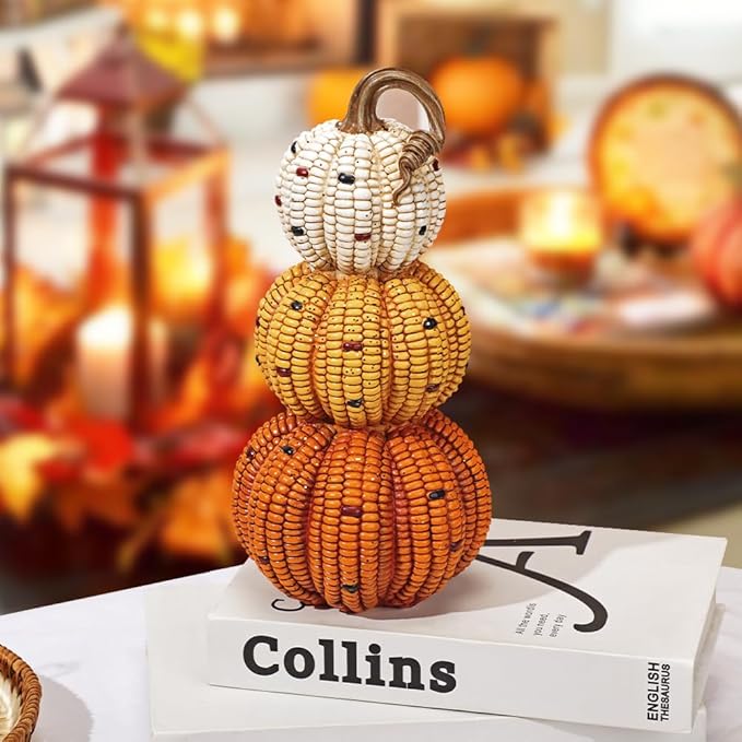 Briful Fall Stacked Corn Pumpkin Decoration – 10.6" Tall Resin Pumpkins Rustic Harvest Faux Pumpkin Decor for Thanksgiving Tabletop Centerpiece Outdoor Indoor Autumn Decor