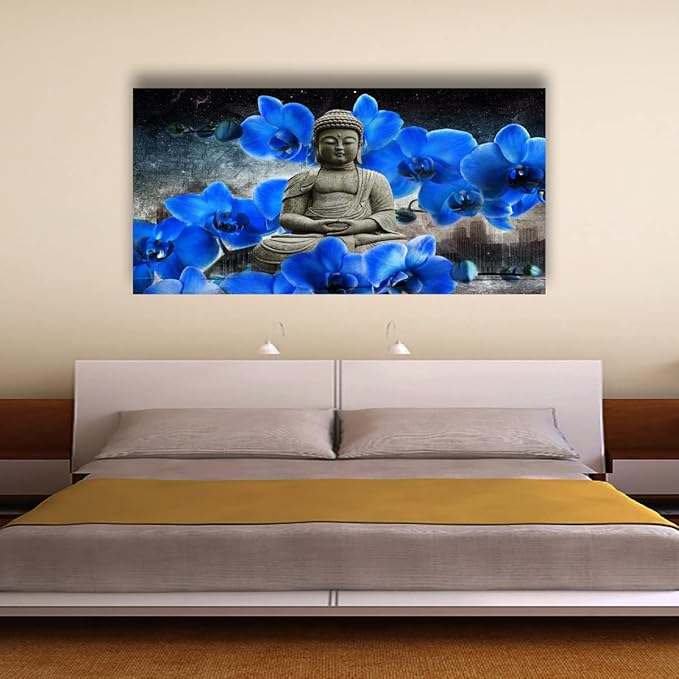 Buddha Pictures Wall Art Canvas Prints Home Decor Grey Zen Blue Flower Painting for Living Room Bedroom Bathroom Office Home Kitchen Decoration Asia Hindu Artwork 24x48 Wooden Frames Easy Hanging