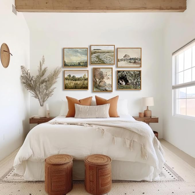 KBKBART Framed Vintage Wall Art Prints, Retro Countryside Flower Field Nature Wilderness Canvas Painting Farmhouse Decor Wall Art, Rustic Landscape Wall Decor for Bathroom, Bedroom Living Room,