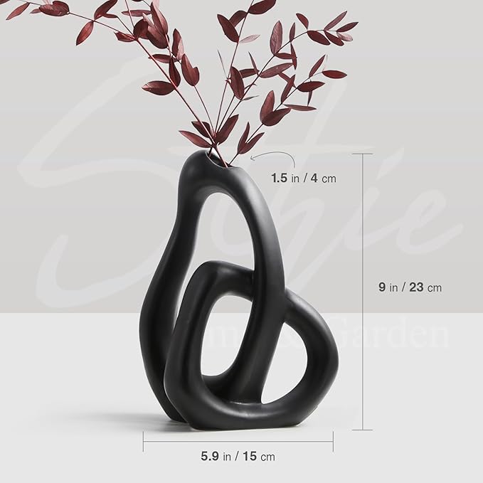 Modern White Ceramic Flower Vases for Home Decor Aesthetic, Boho Decorative Vase for Bouquet Pampas Grass, Living Room Bedroom Kitchen Maximalist Decor (Black)