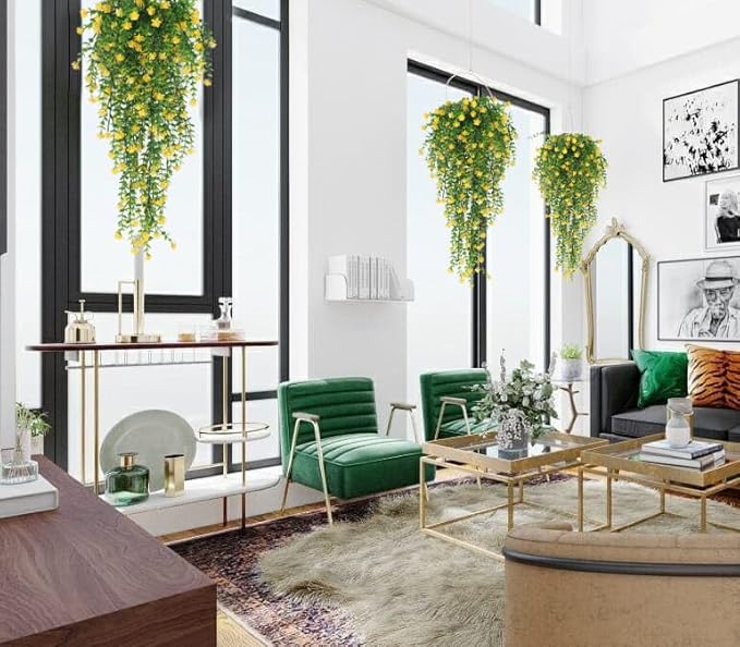 SJL Faux Hanging Plant Artificial Hanging Plants Indoor Ferns for Outdoors 4pcs Fake Plants Vines Eucalyptus Leaf Plastic Flowers Real Touch All Year Round Decor Arch Porch (Yellow)