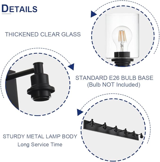 Black Bathroom Light Fixtures Over Mirror, Modern 5-Lights Wall Sconce Lighting with Clear Glass Shade for Vanity Living Room (E26 Bulb Base)