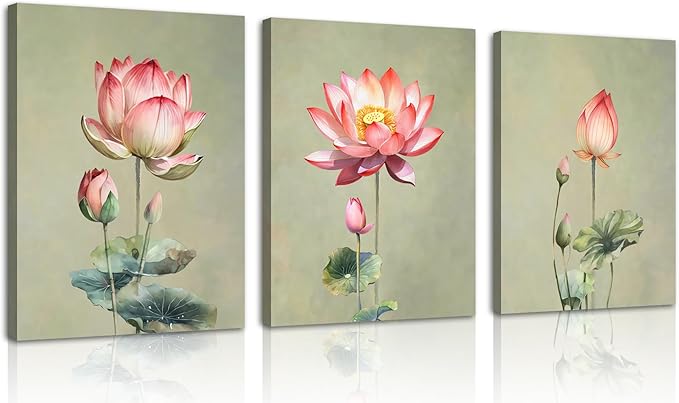 Framed Lotus Flower Canvas Wall Art Set Green Lotus Blossom Plant Floral Botanical Art Prints Minimalist Modern Wall Art Decor for Living Room Bathroom Kitchen Decor (12"x16"x3)