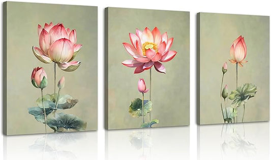 Framed Lotus Flower Canvas Wall Art Set Green Lotus Blossom Plant Floral Botanical Art Prints Minimalist Modern Wall Art Decor for Living Room Bathroom Kitchen Decor (12"x16"x3)