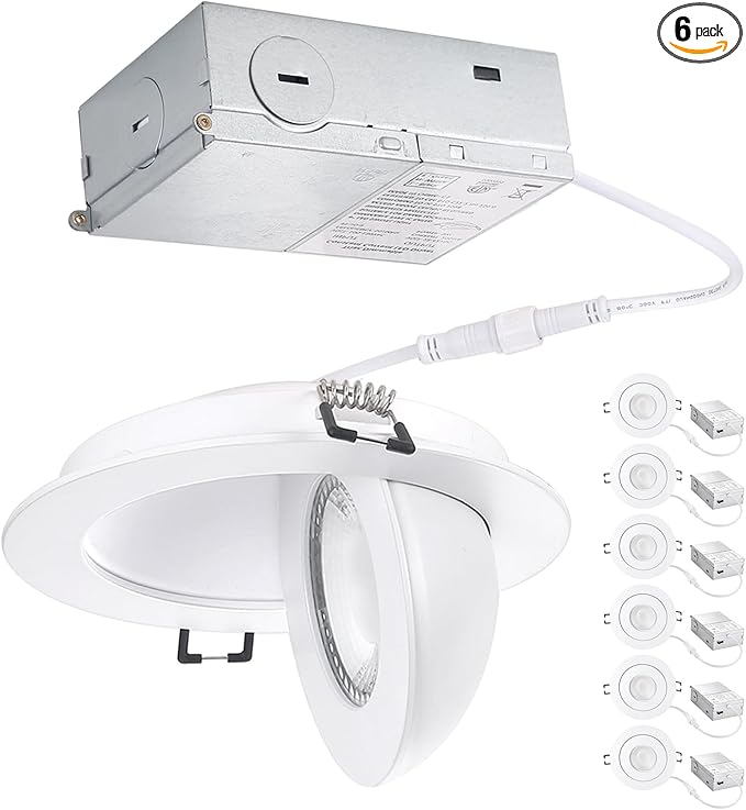 4 inch LED Recessed Light 9W 750lm Eyeball Sloped Gimbal Recessed Ceiling Lighting, Soffit Wafer Indoor Directional Lighting, 90° Tilt and 360° Rotation Recessed Lighting 4 inch White 6Pack
