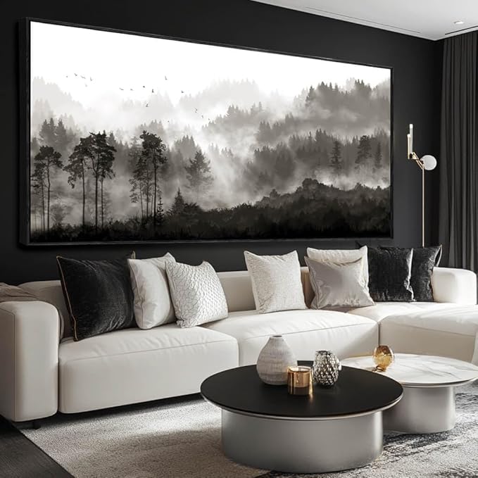 Large Wall Art Framed Mountains Canvas Wall Art Black And White Wall Decorations Bedroom Wall Decor Forest Pictures Artwork for Living Room Dining Room 29”x58”