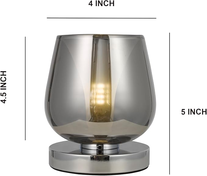 Small Touch Bedside Table Lamp, Modern Small Lamps for Bedroom Living Room Nightstand, Desk lamp with Smoky Grey Glass Lampshade, 4 x 4 x 5 inch Accent Night Light for Dining Room and Office