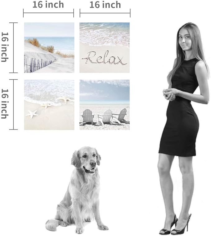 Coastal Artwork Beach Wall Art: Starfish & Chairs on Sand Painting with Word Picture on Canvas for Living Room (16” x 16'' x 4 Panels)