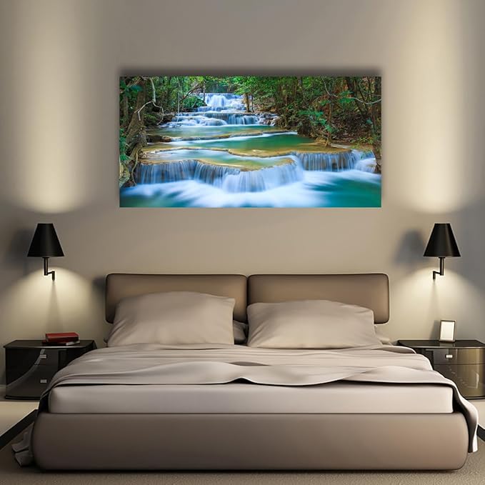 Waterfall Pictures Canvas Wall Art for Living room Bedroom Wall Decor,Green Water Wall Art Print Paitnings for home Decor,Morden Artwork Tree River Water Canvas Art Waterproof Stretched Ready to