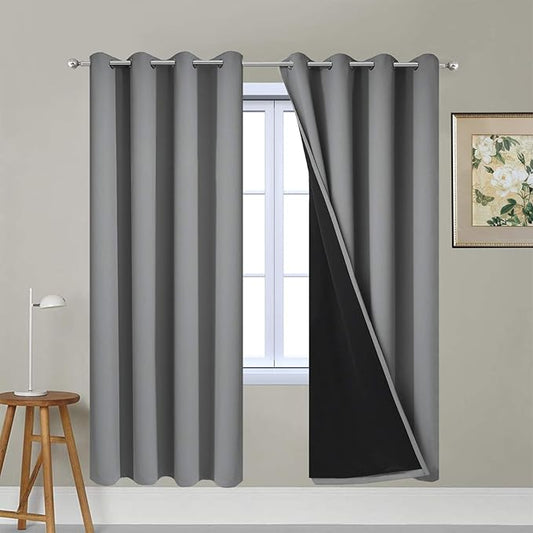 Yakamok Gray Full Shading Curtain Panels for Windows, 2 Thick Layers Thermal Insulated Drapes with Black Liner for Living Room(52Wx72L, Grey, 2 Panels)