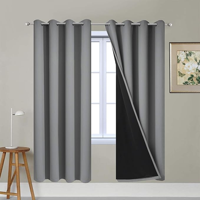 Yakamok Soft and Smooth Full Shading Curtains, 100% Blackout Curtains for Bedroom, 2 Thick Layers Thermal Insulated Drapes with Black Liners (52Wx63L, Grey, One Pair)
