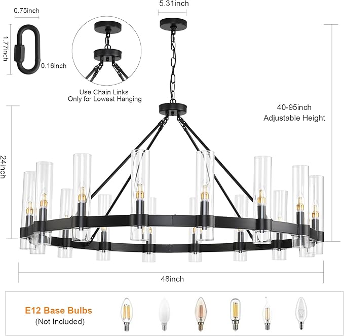 48 Inch Black Wagon Wheel Chandelier with Glass Shade, 16-Lights Black Farmhouse Chandeliers for High Ceilings, Large Round Industrial Pendant Lights for Dining Room Living Room Bedroom Foyer