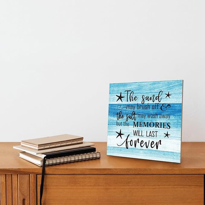 Beach Wood Sign, “The Sand May Brush Off the Salt May Wash Away but the Memories Will Last Forever”, Wooden Plaque Table Art Sign, Ocean Theme Home Decorations, Coastal House Decor, Family Sign B