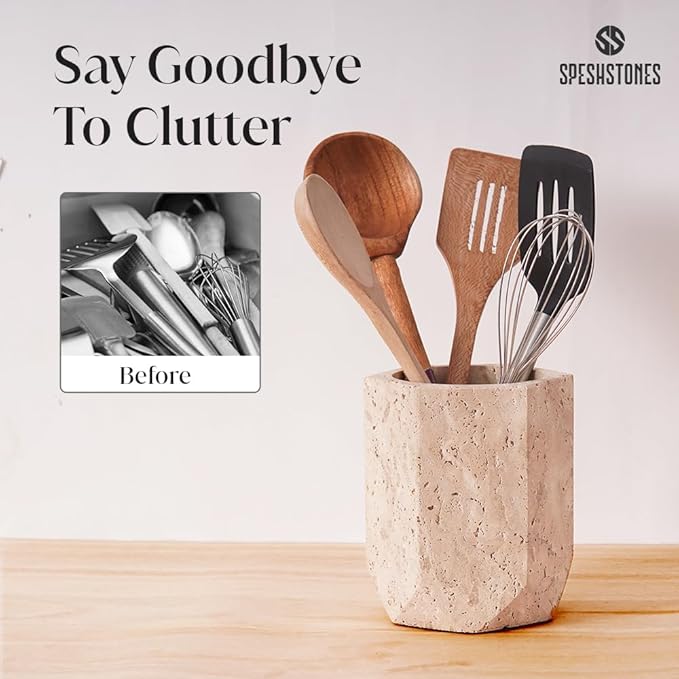 Marble Utensil Holder 6.5 Inch Travertine Cooking Utensil Crock for Countertop Storage, Modern Stone Utensils Caddy, Spoon & Spatula Organizer for Farmhouse Kitchen Decor