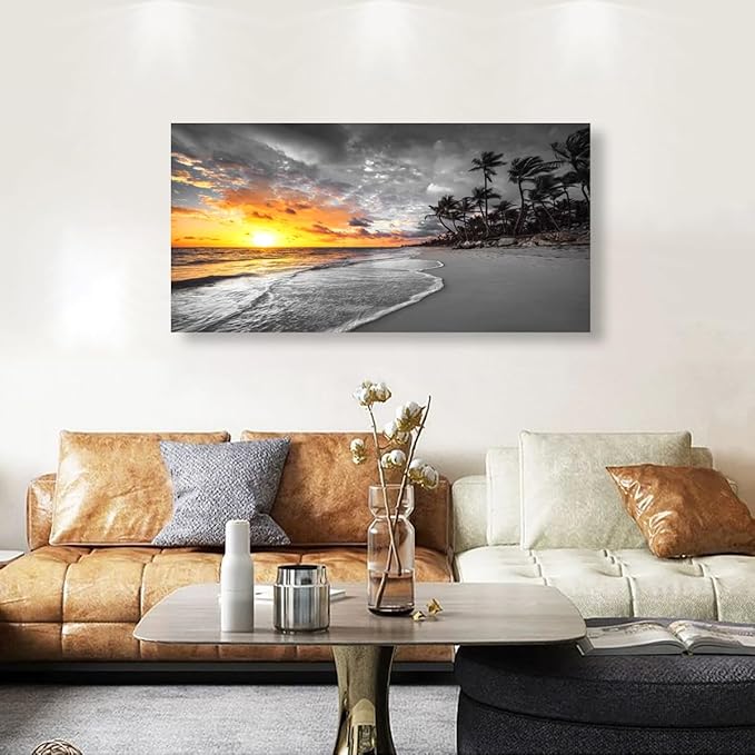 Ocean Wall Art Bedroom Wall Decor Living Room,Beach Canvas Wall Art Office Farmhouse Paintings Artwork Modern Sunset Palm Tree Black and White Sea Coast Wall Art Prints Pictures 20 * 40inch
