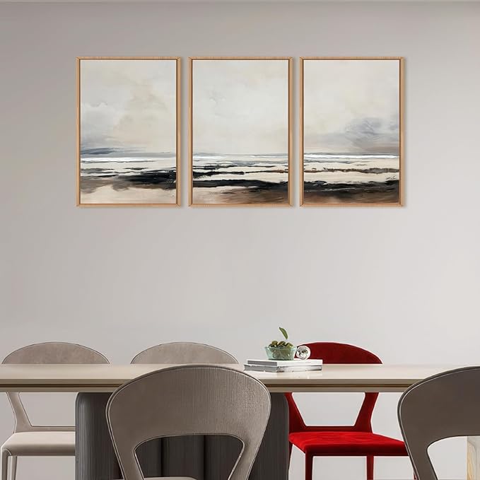 HOURIA Large Neutral Abstract Gray Framed Wall Art Set,Minimalist Modern Beige Brown Landscape Wall Decor,Wilderness Filed Artwork,Watercolor Misty Lake Print for Living Room,Bedroom,Office- 16"x24"x3