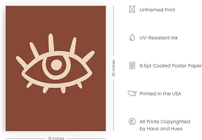 HAUS AND HUES Boho Posters Mid Century Modern Wall Decor - Abstract Art Prints Midcentury Modern Decor Boho Wall Decor Minimalist Dark Clay Eye with Eye Lashes (16x20 Unframed)