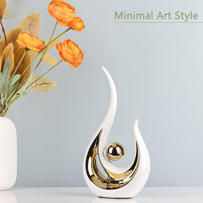 LCCCK White Gold Abstract Figurine Statues for Home Decor – Modern Ceramic Sculpture Accent, Decorative Statues for Living Room, Shelf, TV Stand, Office or Coffee Table Centerpiece Art Decoration