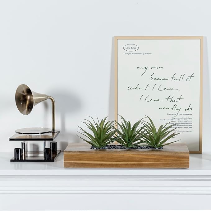 MyGift 15 Inch Large Artificial Green Grass Plants in Premium Acacia Solid Wood Decorative Planter, Tabletop Faux Greenery Decor with Wooden Rectangular Container