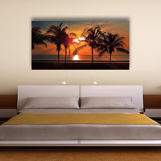 Beach Canvas Wall Art Seascape Theme Pictures Home Decor Blue Ocean Coconut Tree Sunset Prints Paintings for Living Room Bathroom Bedroom Kitchen Office Decoration Natural Scenery Artwork 20x40inches