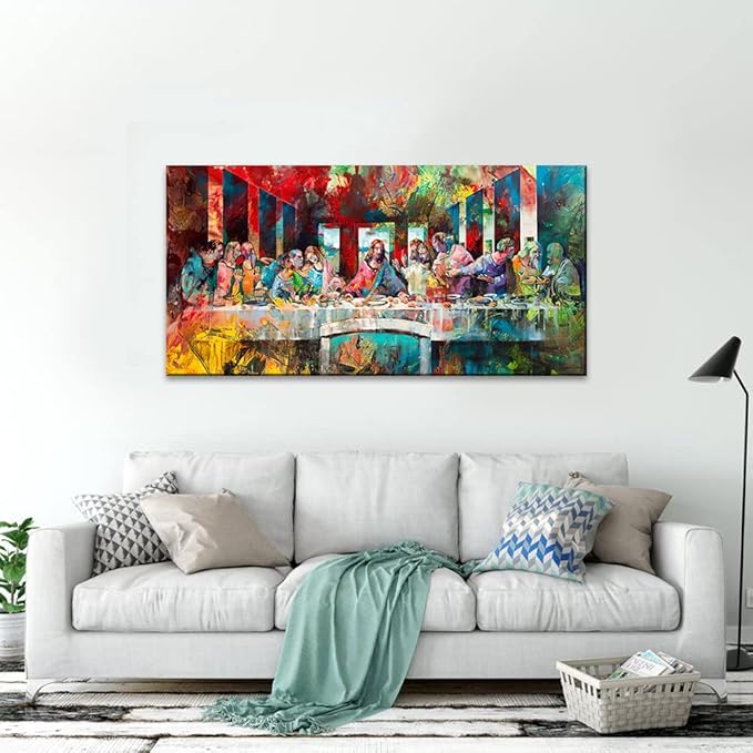 Large Canvas Wall Art - Colorful The Last Supper Painting Picture Framed Reproduction Prints Poster Modern Home Decoration for Living Room Bedroom Office, Ready To Hang 48x24 in