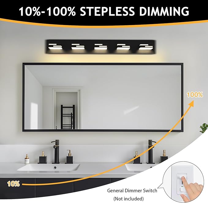LED Modern Bathroom Vanity Light Fixtures 5-Light 5CCT Dimmable Matte Black Vanity Lights for Bathroom Lighting Fixtures Over Mirror, with 350° Rotatable Acrylic Heads, 34-inch