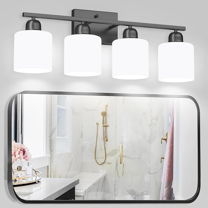 4-Light Black Bathroom Vanity Light, Light Fixtures with Milky White Frosted Glass Shades, Black Vanity Light for Bathroom Mirror, Bedroom, Living Room, Vanity Table, E26 Base