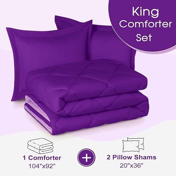 Basic Beyond King Comforter - Purple Reversible Bed Comforter + 2 Pillow Shams (104"x92", 20"x36")