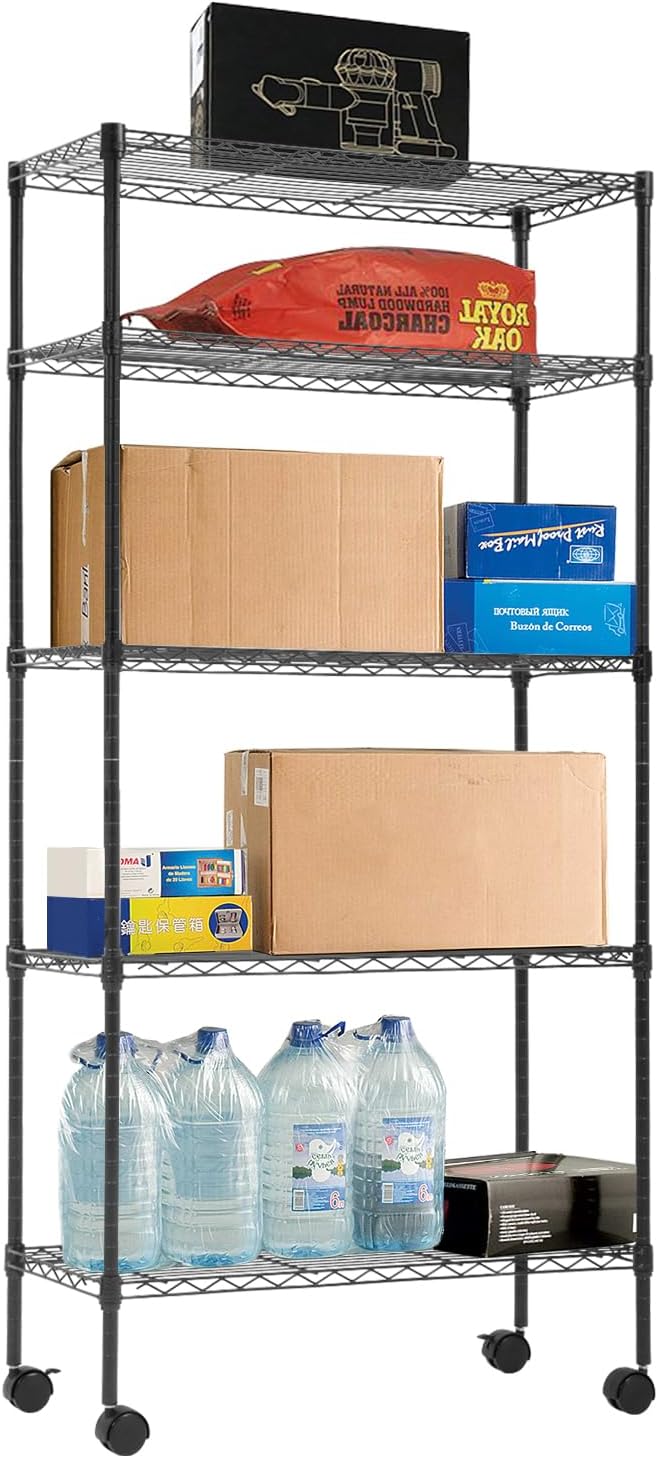 PayLessHere | 5-Tier Wire Shelf with Wheels | 14"x30"x60" | Black | Adjustable Racks | Heavy-Duty Storage Shelves, Holds Upto 220 lbs | Rust-Resistant, No-Tool Assembly | for Home, Garage Shelving