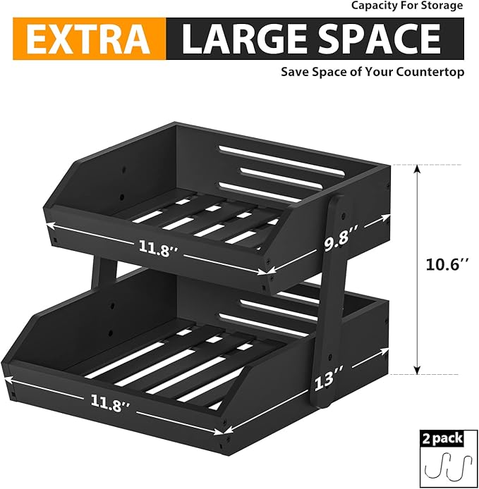 Bamboo Fruit Basket for Kitchen– 2 Tier Fruit Bowl For Kitchen Counter, Large Fruit Holder With 2 Banana Hangers, Idea For Fruit and Vegetable Storage, Bread Basket, Snack Organizer(BLACK)