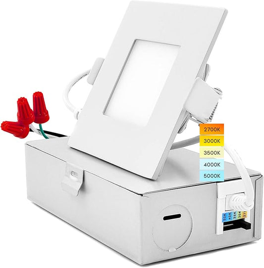 LUXRITE 3 Inch Square Ultra Thin LED Recessed Light with Junction Box, 8W, CCT Color Selectable 2700K | 3000K | 3500K | 4000K | 5000K, Dimmable Wafer Light, 540 Lumens, Energy Star, IC Rated