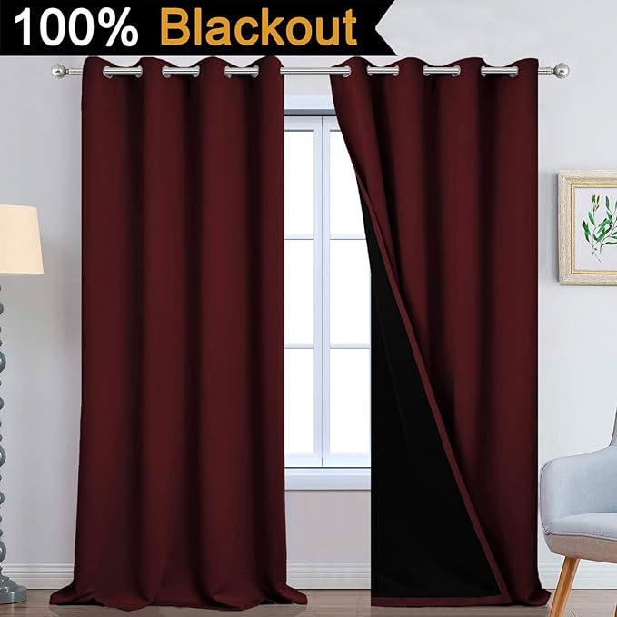 Yakamok 100% Blackout Window Curtain Panels, Heat and Full Light Blocking Drapes with Black Liner for Dedroom,Thermal Insulated Draperies for Living Room(Burgundy Red, 2 Pieces, 52Wx108L)