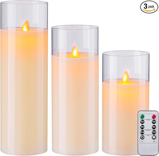 Pack of 3 Flameless Candles Battery Operated Real Wax Glass Flickering LED Candle Sets with Remote Control Cycling 24 Hours Timer (3" x 8" 10" 12")