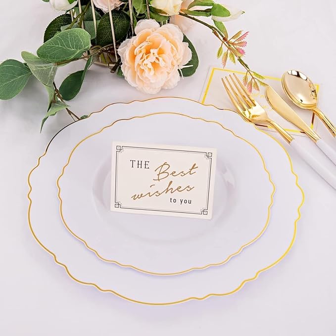 WDF 30Guest Gold Plastic Plates - High-end Baroque Design - 10.25&7.5in Wedding White and Gold Plates Disposable for Thanksgiving Parties/Wedding