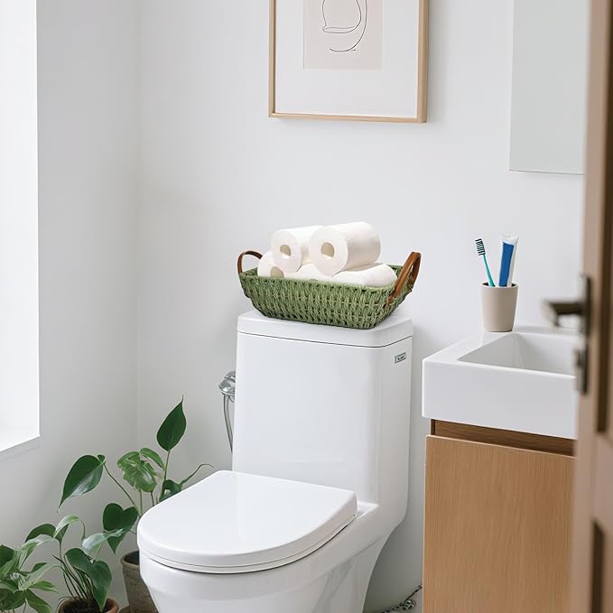 Paper Rope Woven Toilet Paper Basket, Small Wicker Storage Baskets for Organizing with Handles, Bedroom Decor Baskets Toilet Tank Shelf Storage Bins (1pc Green)