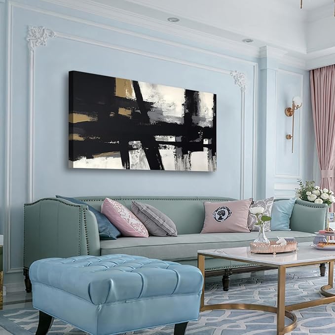 Black and White Abstract Pictures Canvas Wall Art for Living room Office Bedroom Wall Decor,Abstract Wall Art Print Paintings Modern Black Yellow Artwork Waterproof Ready to Hang-24X48 inch