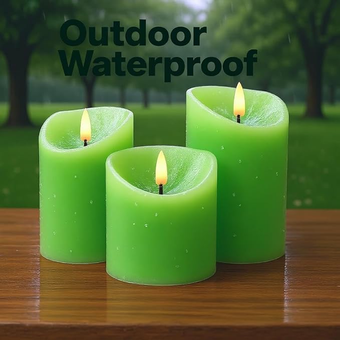 VENTA Green Real Wax Pillar Candles, Set of 3 | Battery Operated LED Candles with Remote | Fresh Spring & Nature Inspired Decor for Living Room, Spa & Botanical Themes